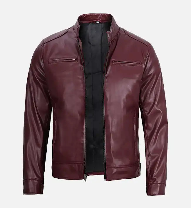 Men's Maroon Cafe Racer Leather Jacket