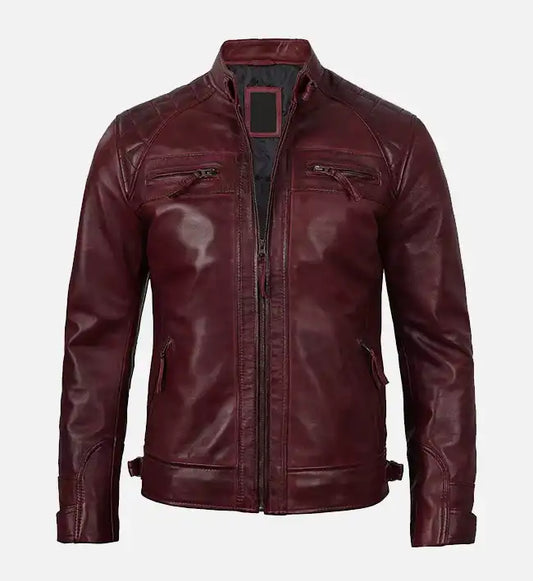 mens maroon real leather biker jacket