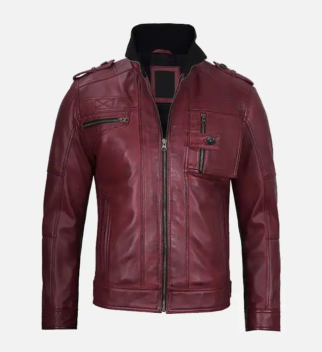 Men's Maroon Waxed Biker Leather Jacket