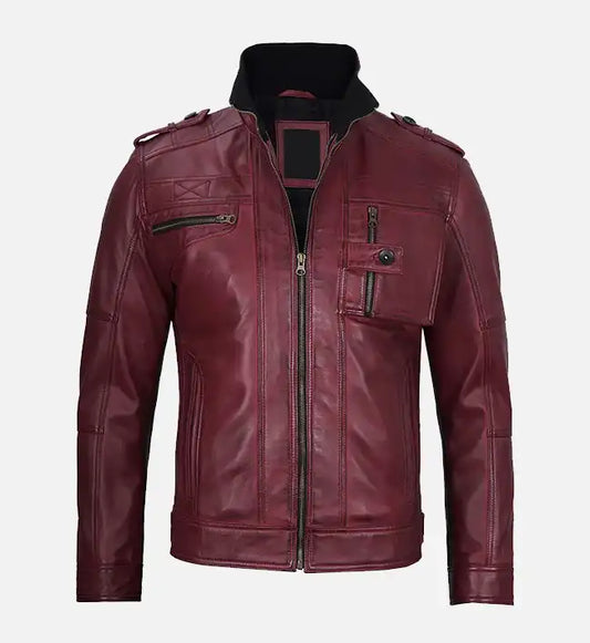 mens maroon waxed biker leather jacket