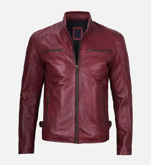 mens maroon waxed leather cafe racer jacket