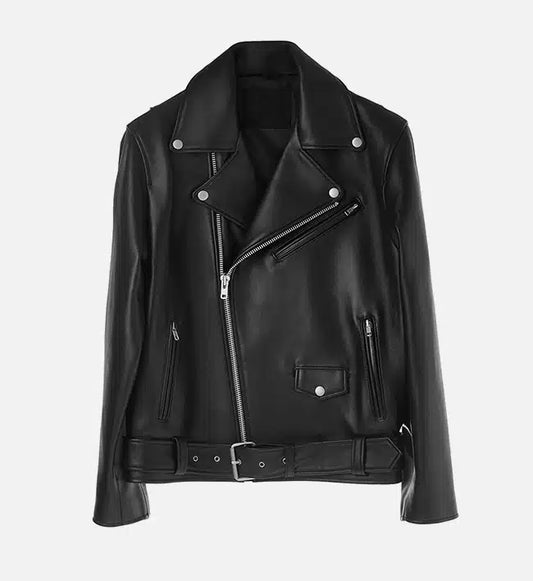 mens mininmal black biker leather jacket
