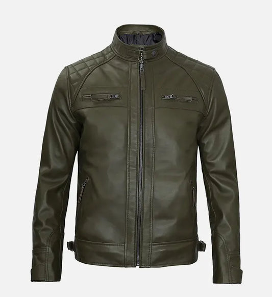 mens olive green leather cafe racer jacket