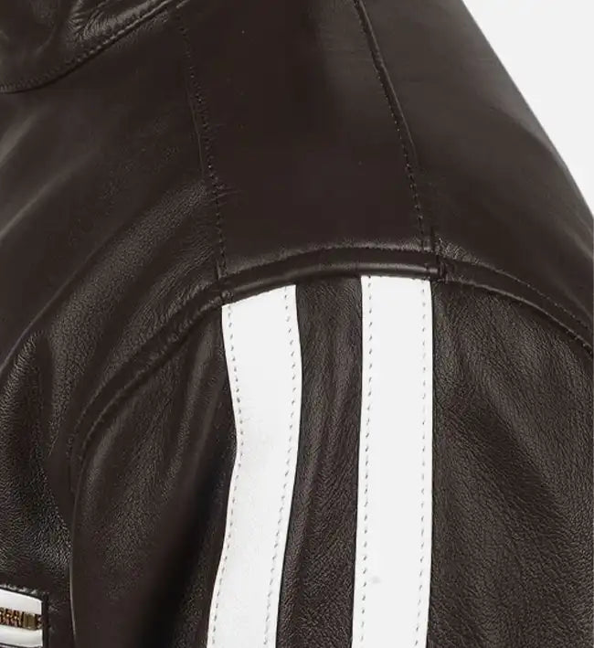 Men's White Stripe Brown Biker Leather Jacket