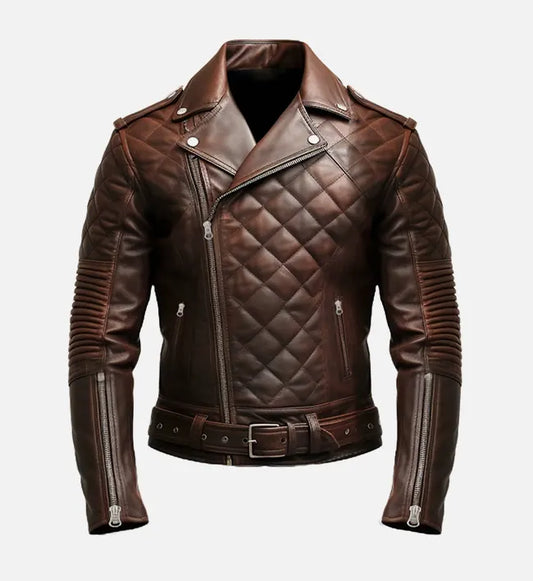 mens quilted biker brown leather jacket