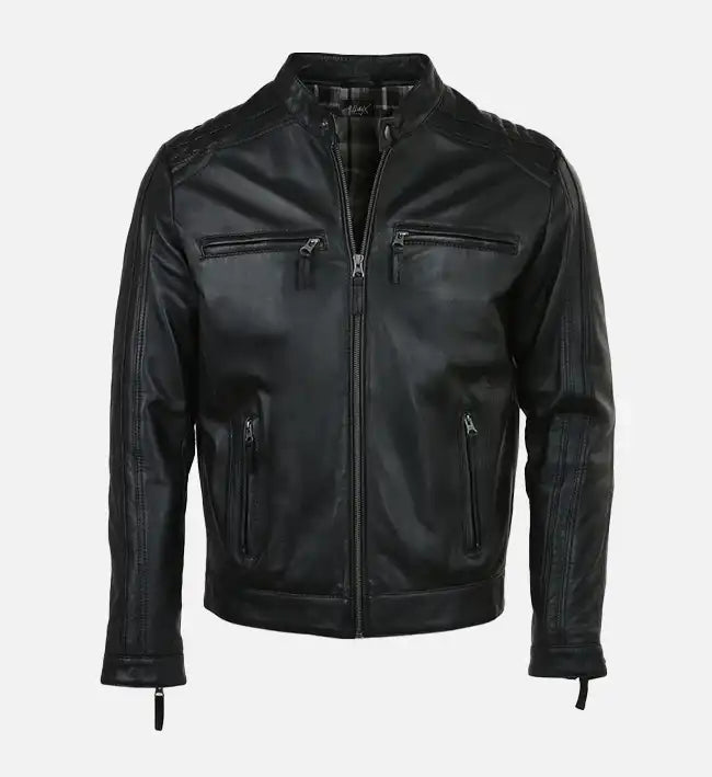 Men’s Quilted Shoulder Black Cafe Racer Leather Jacket