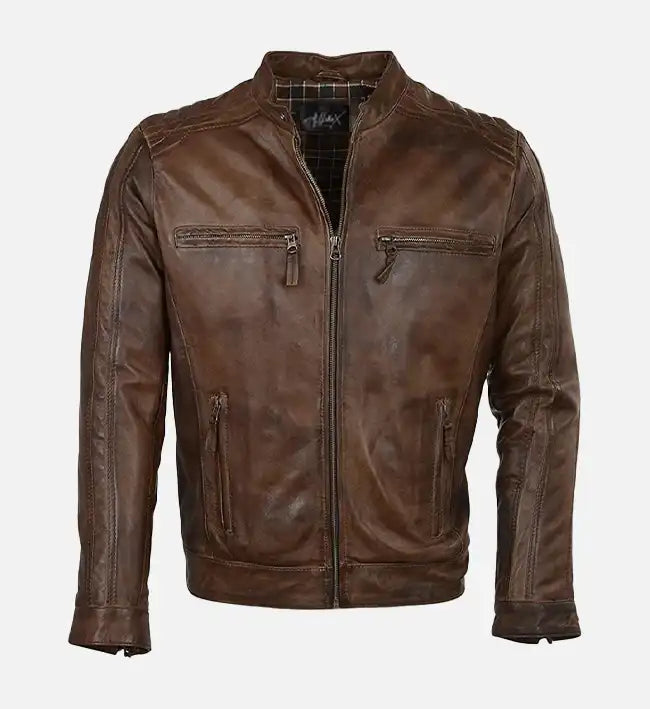 Men’s Quilted Shoulder Brown Cafe Racer Leather Jacket