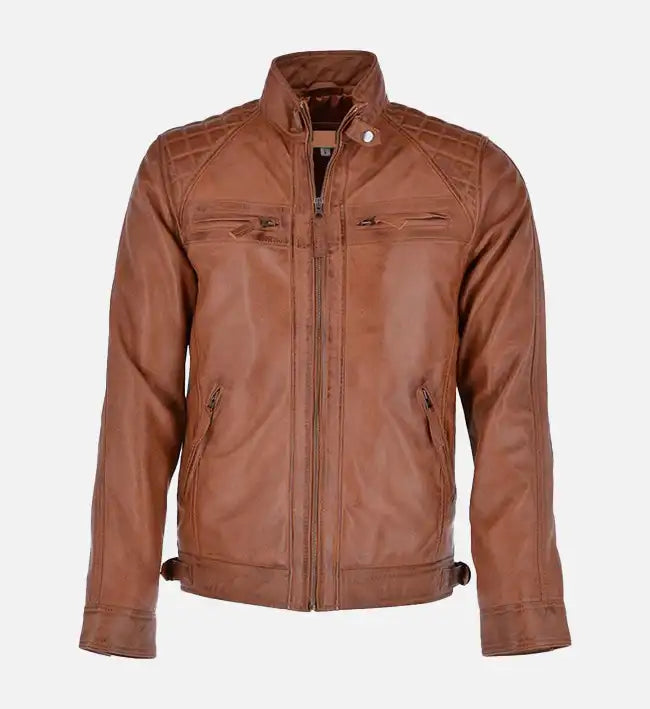 Men’s Quilted Shoulder Tan Cafe Racer Leather Jacket