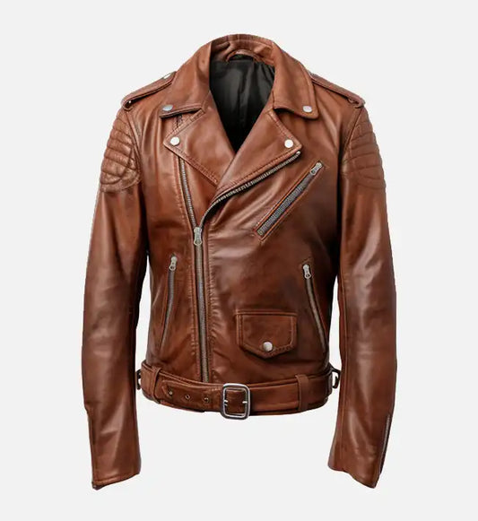 mens real leather brown biker jacket