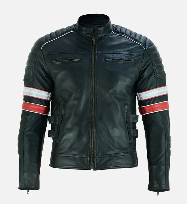 Men’s Red and White Striped Cafe Racer Leather Jacket