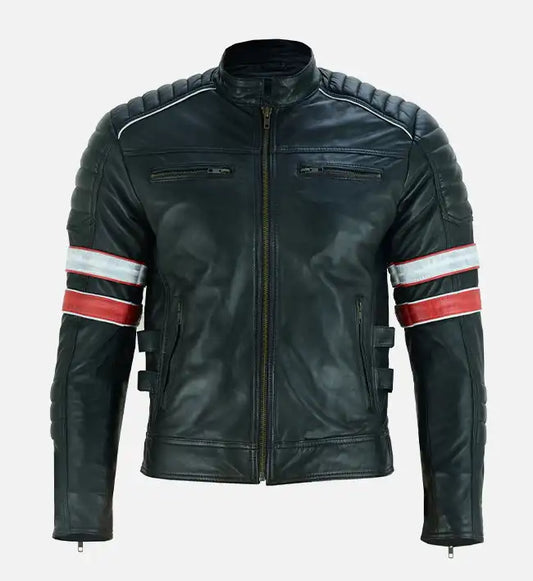 mens red and white striped cafe racer leather jacket