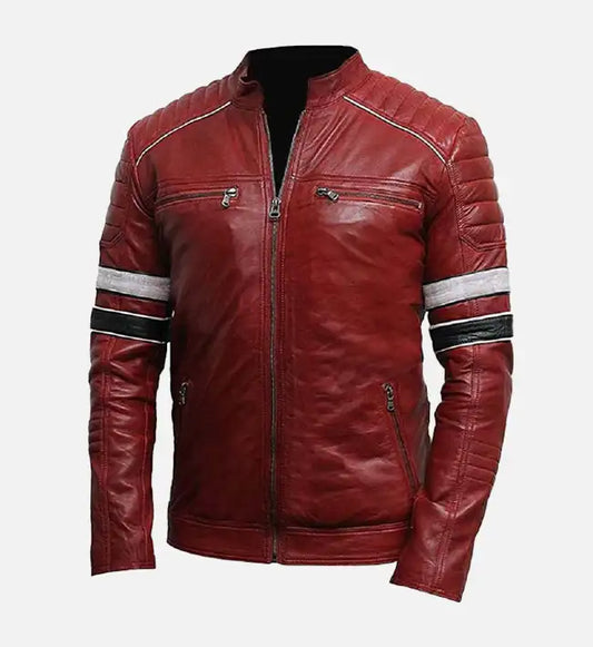 mens red biker leather jacket with striped