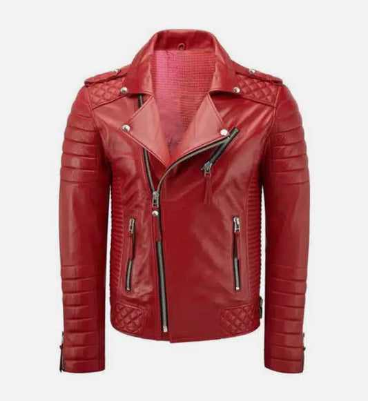 mens red diamond quilted biker leather jacket