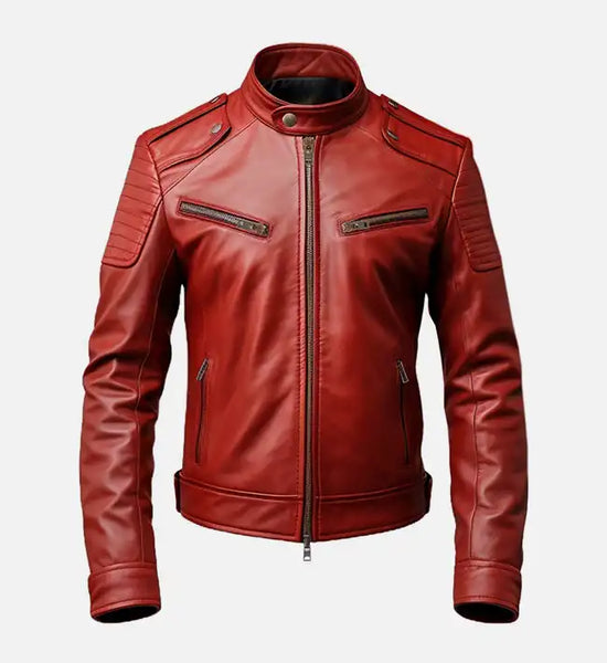 ジャケット・アウター   Red Label Leather Jacket Men's Red Leather Biker Jacket - AU LeatherX