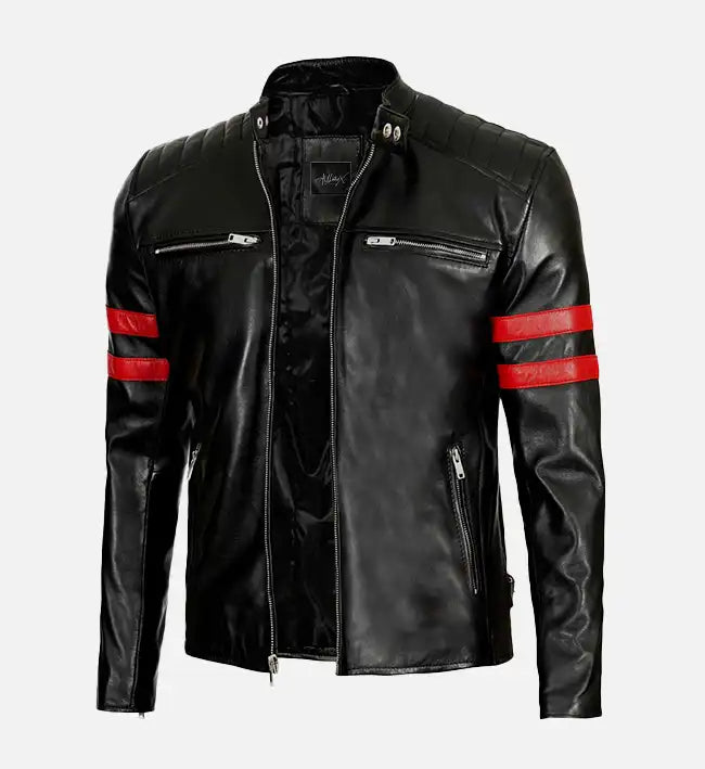 mens red stripes black biker jacket