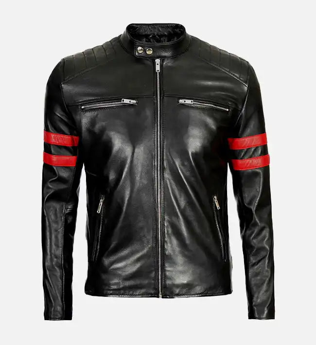 mens red stripes black biker jacket