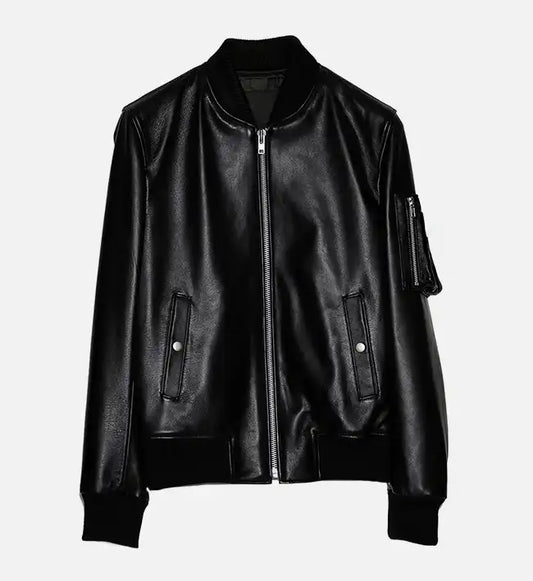 mens sheep skin black leather bomber jacket