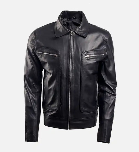 mens shirt collar black biker leather jacket