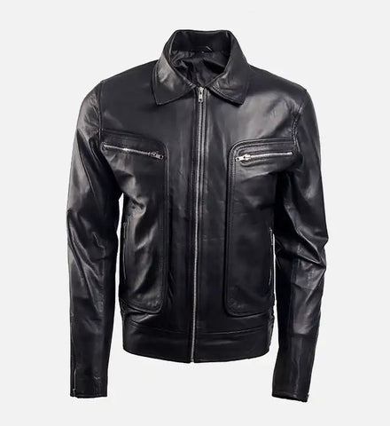 Leather jacket with shirt collar best sale