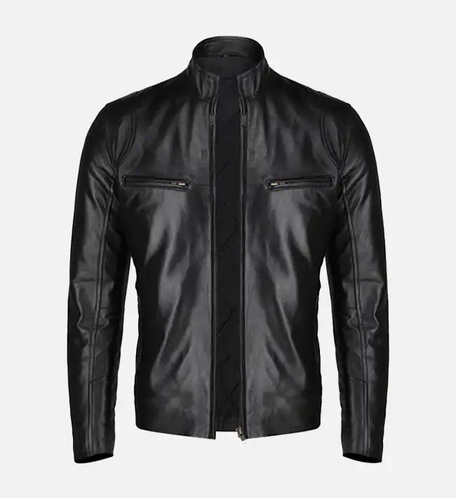 mens slim fit black leather jacket

