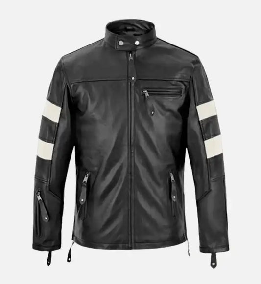 mens slim fit black white leather jacket