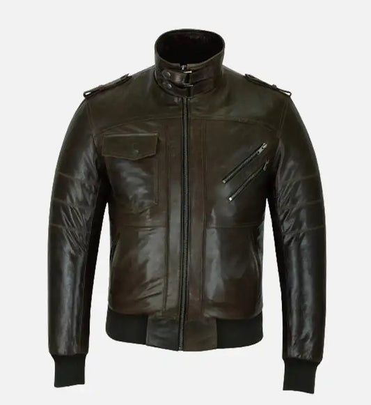 mens slim fit wired collar brown bomber leather jacket
