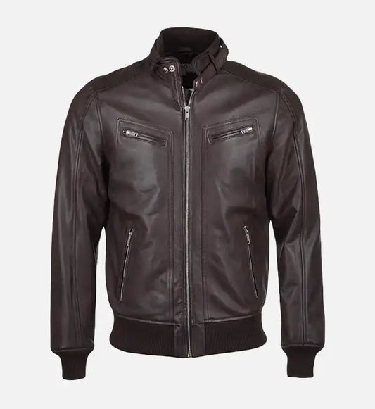 mens snap double button collar brown leather bomber jacket
