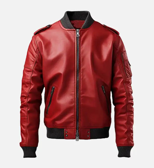 mens stylish red bomber leather jacket