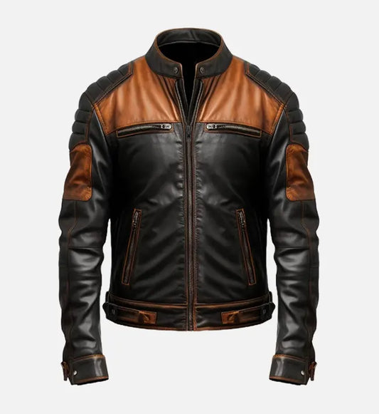 mens tan brown black biker leather jacket