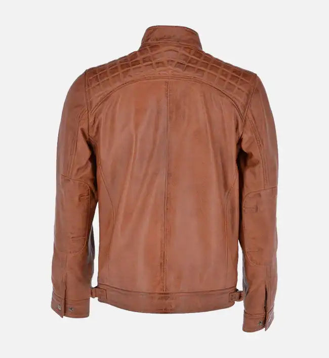 Men’s Quilted Shoulder Tan Cafe Racer Leather Jacket