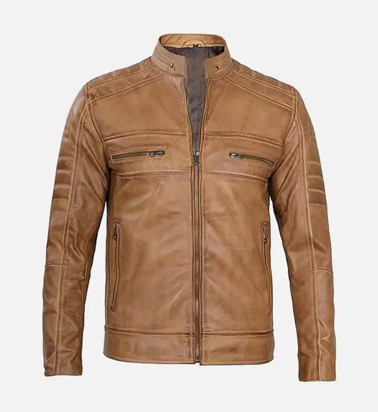 mens tan rust brown leather biker jacket
