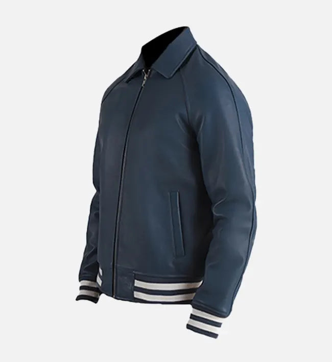 Men's Plain Blue Leather Varsity Jacket