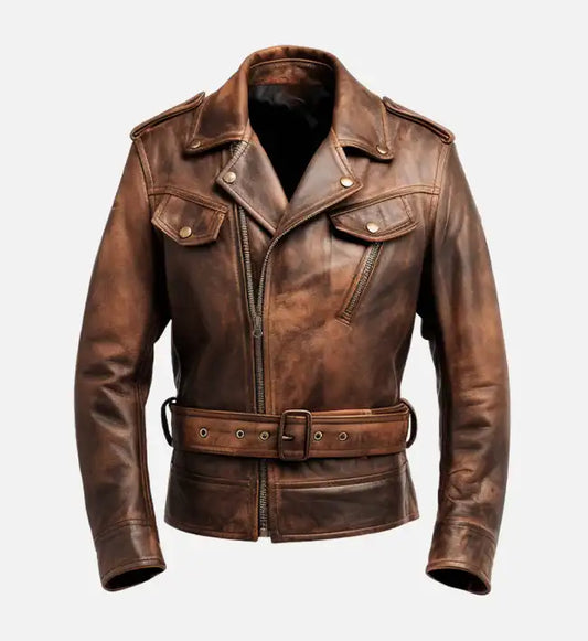 mens vintage distressed brown biker leather jacket