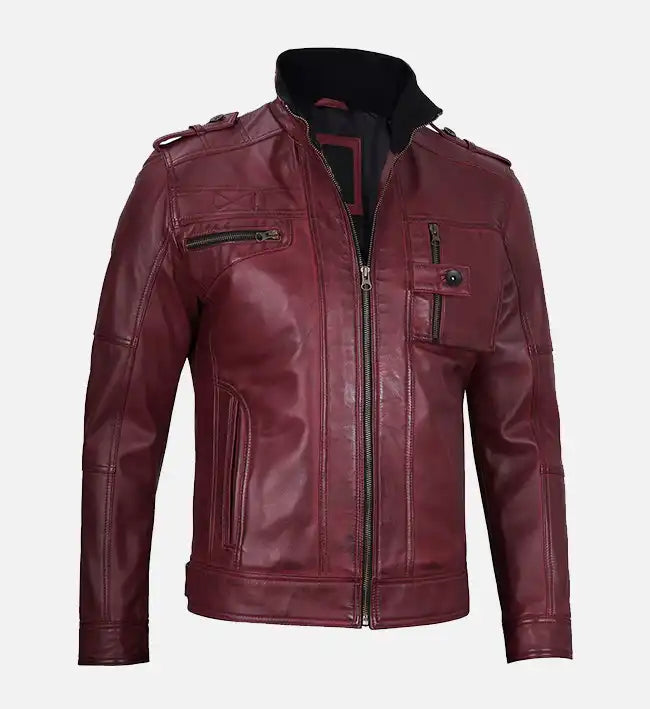 Men's Maroon Waxed Biker Leather Jacket