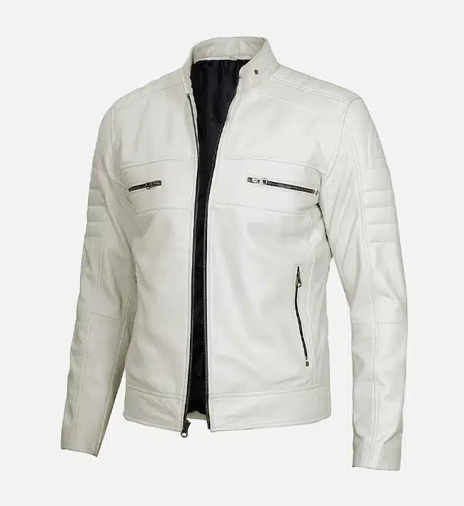 Men's Cafe Racer White Leather Jacket