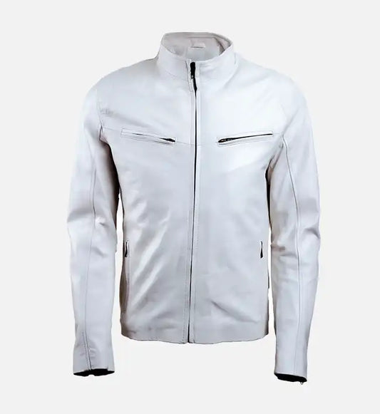 mens white slim fit leather jacket
