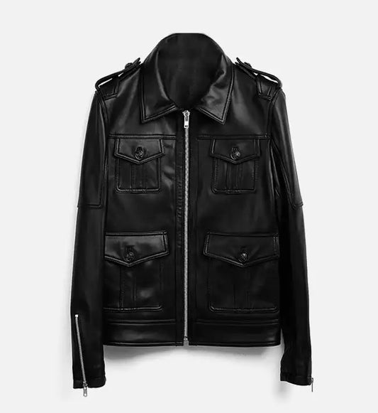 mens zip up black biker leather jacket