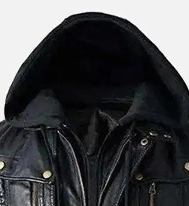 mens black biker leather jacket with detachable hoodie