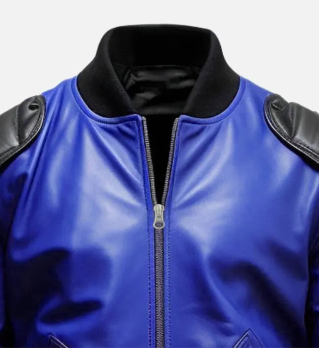 mens black blue bomber leather jacket