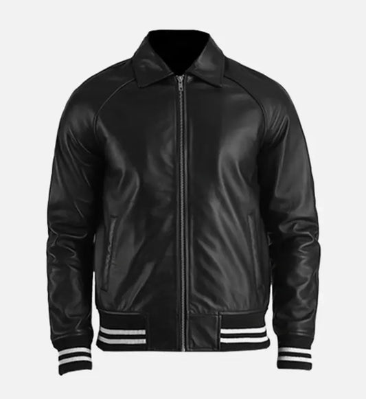 mens black leather plain varsity jacket