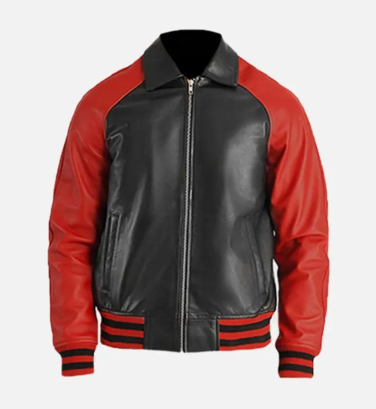 mens black red leather varsity jacket