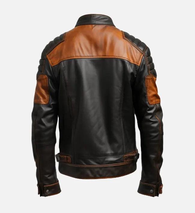 Men's Black & Tan Brown Biker Leather Jacket