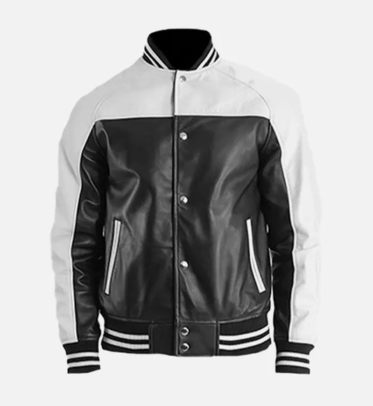 mens black white leather varsity jacket