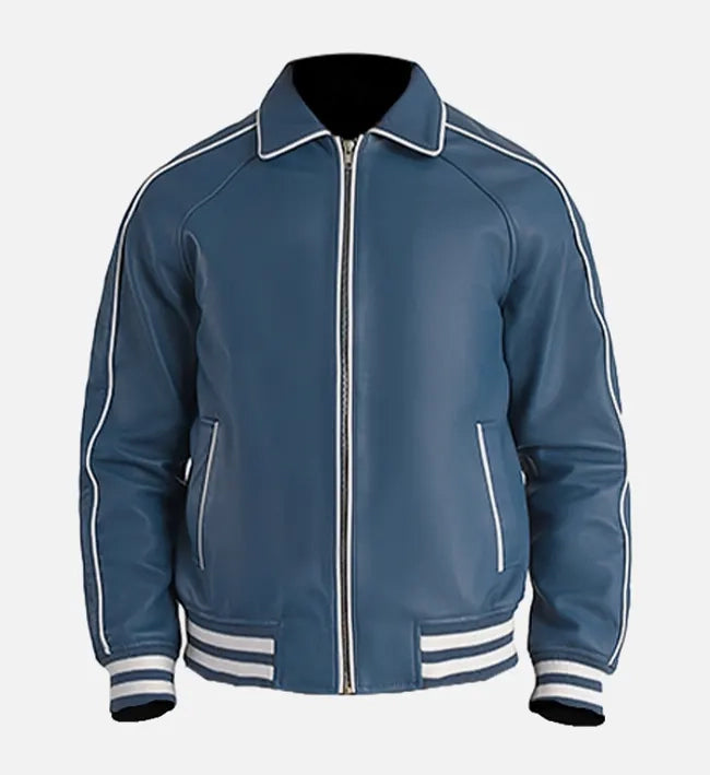 mens blue leather varsity jacket