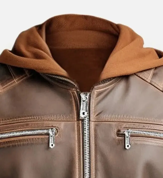 mens brown detachable hooded leather jacket