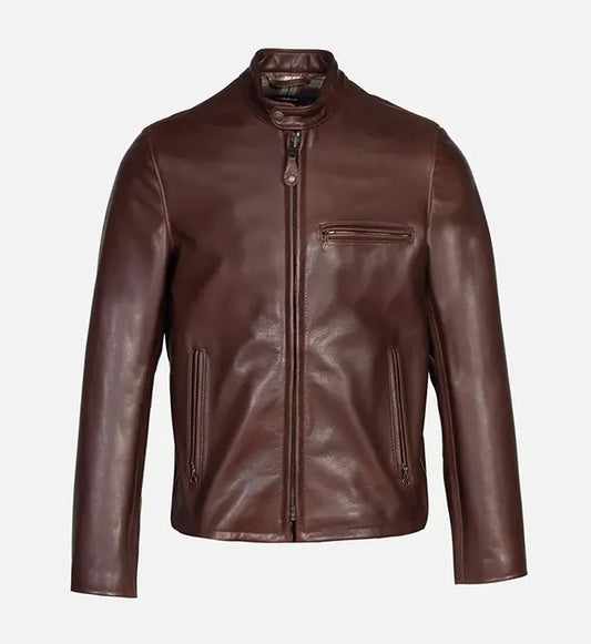 mens brown distress cafe racer leather jacket
