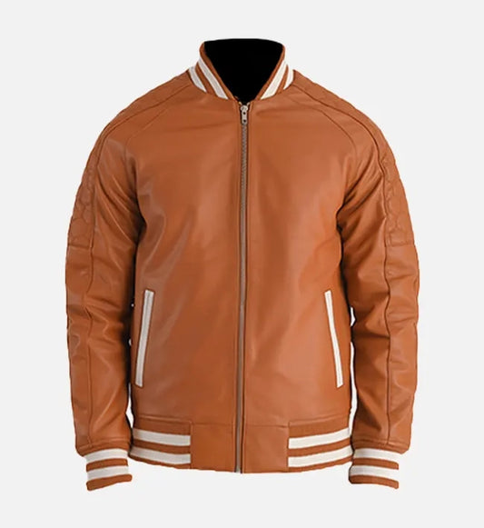 mens brown leather varsity jacket
