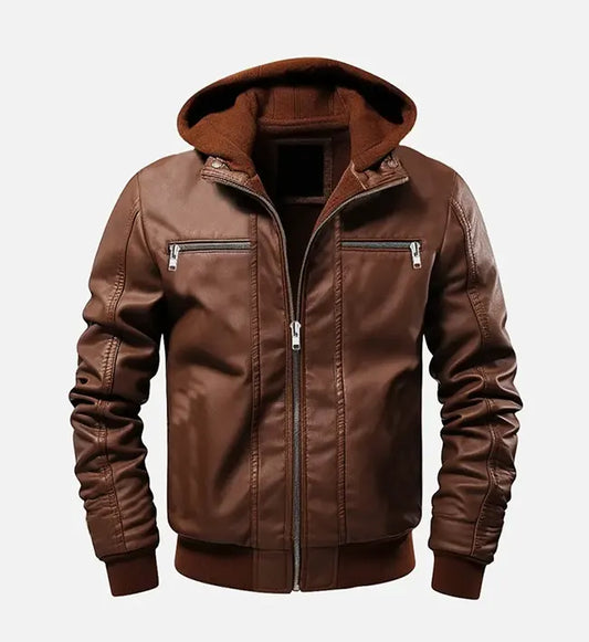 mens ethan brown hooded leather jacket