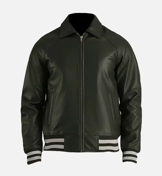 mens green leather varsity jacket