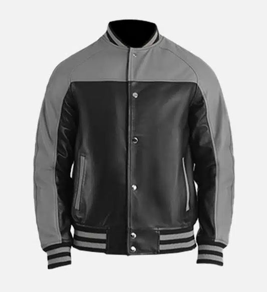 mens grey black leather varsity jacket